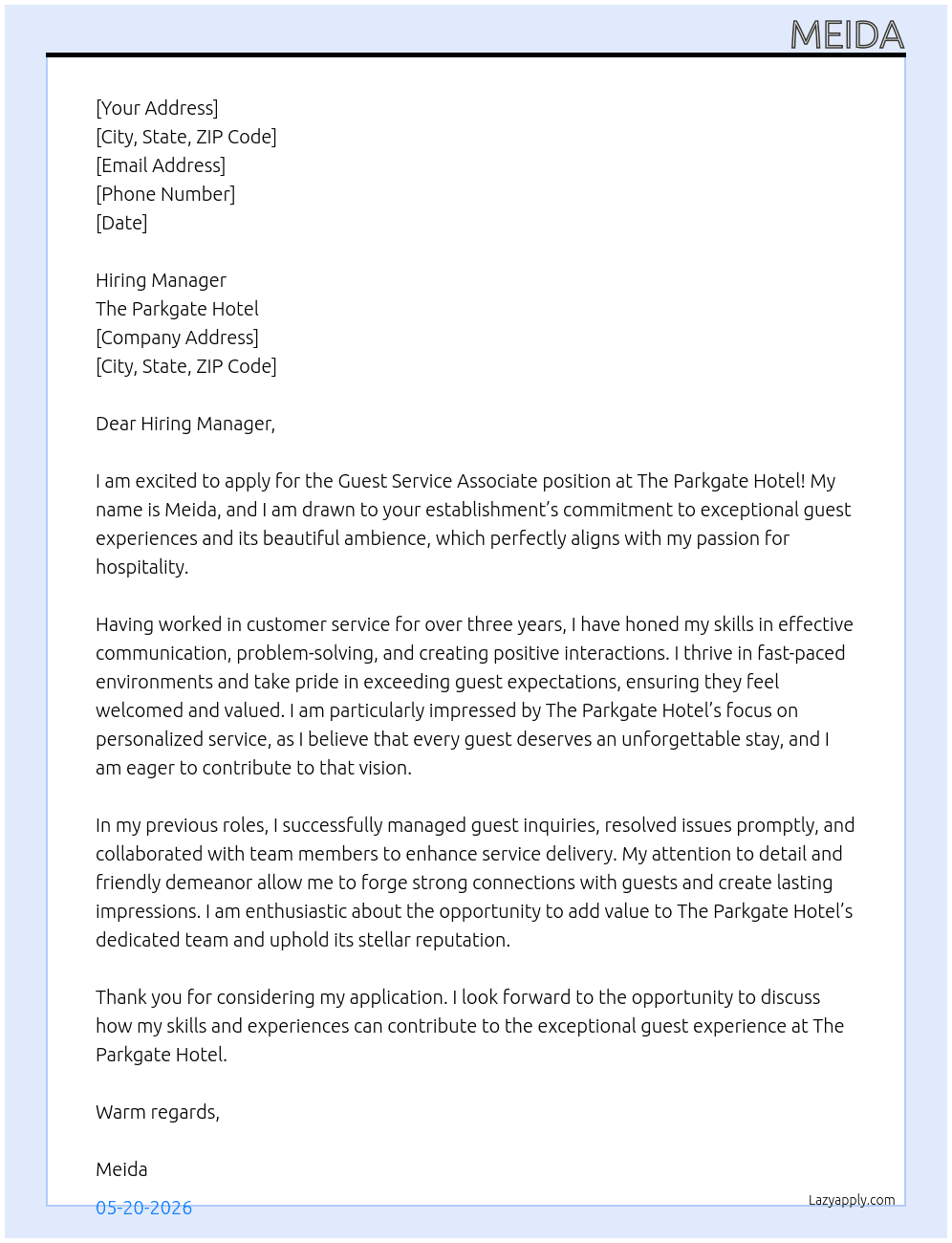 Guest Service Associate  At The parkgate gotel Cover Letter