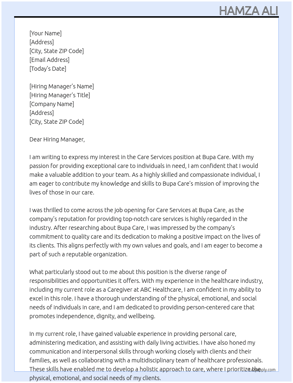 care services At Bupa Care Cover Letter