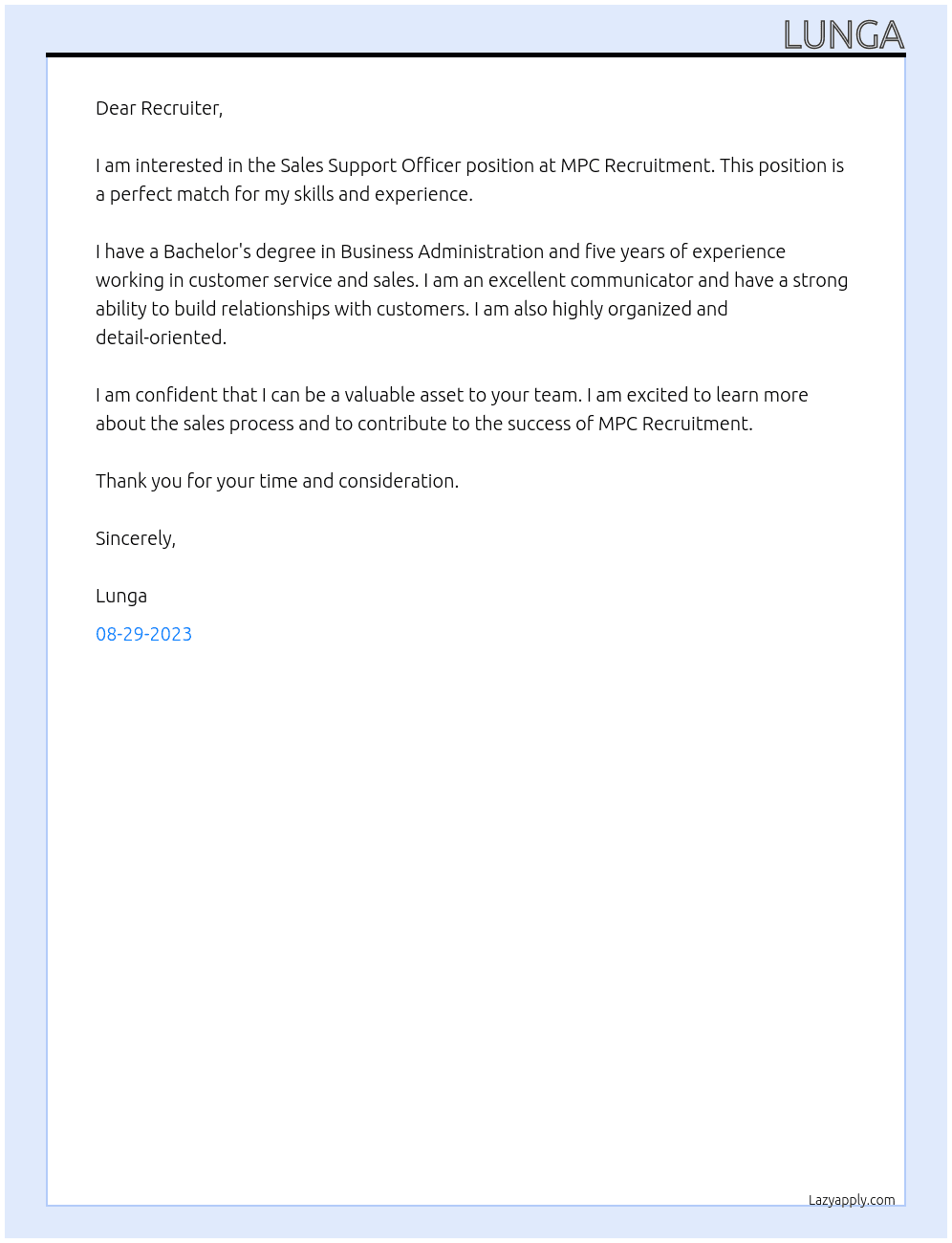 Sales Support Officer At MPC RECRUITMENT Cover Letter
