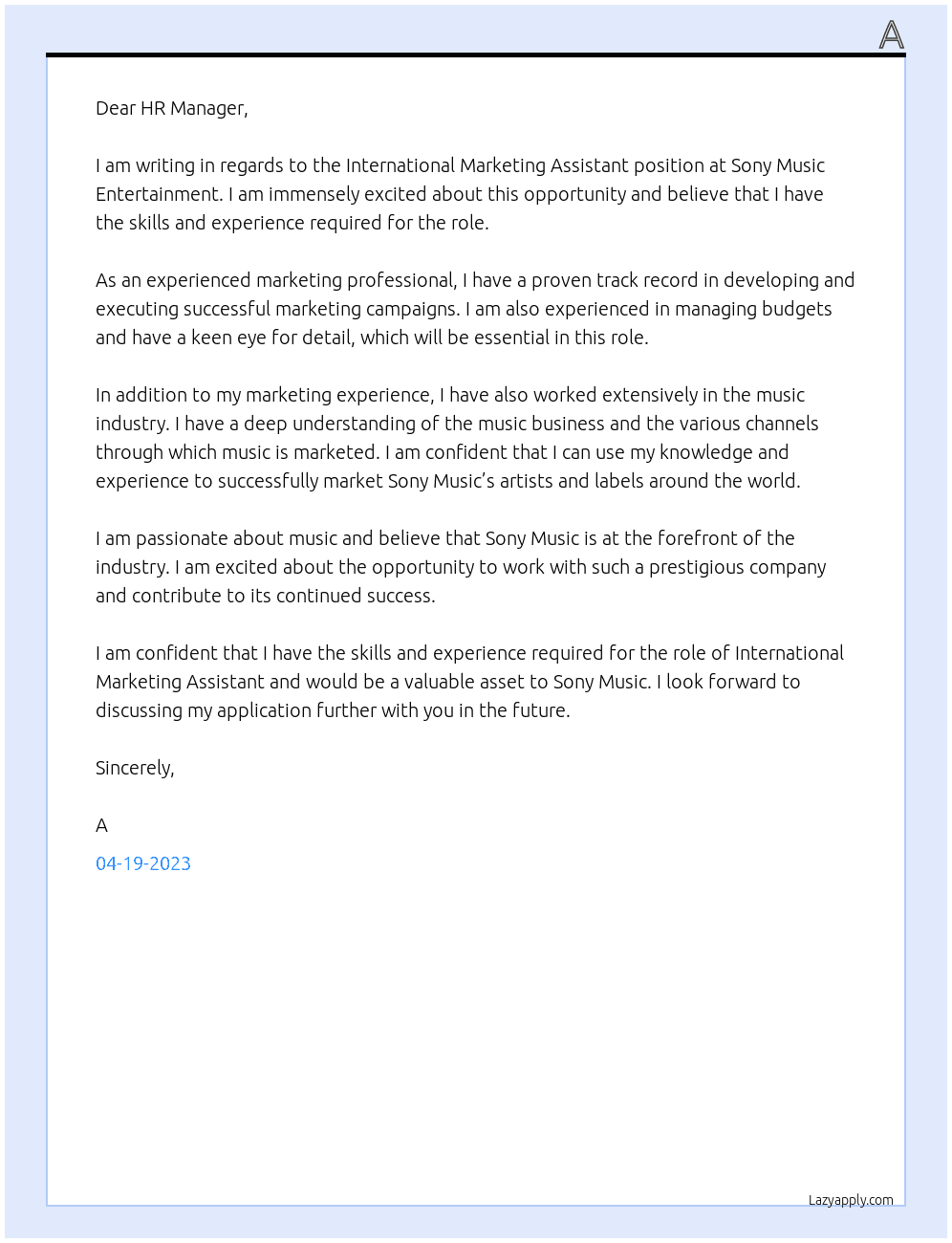 International Marketing Assistant At Sony Music Entertainment Cover Letter