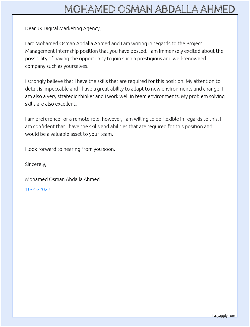 Project management internship  At JK Digital Marketing Agency  Cover Letter