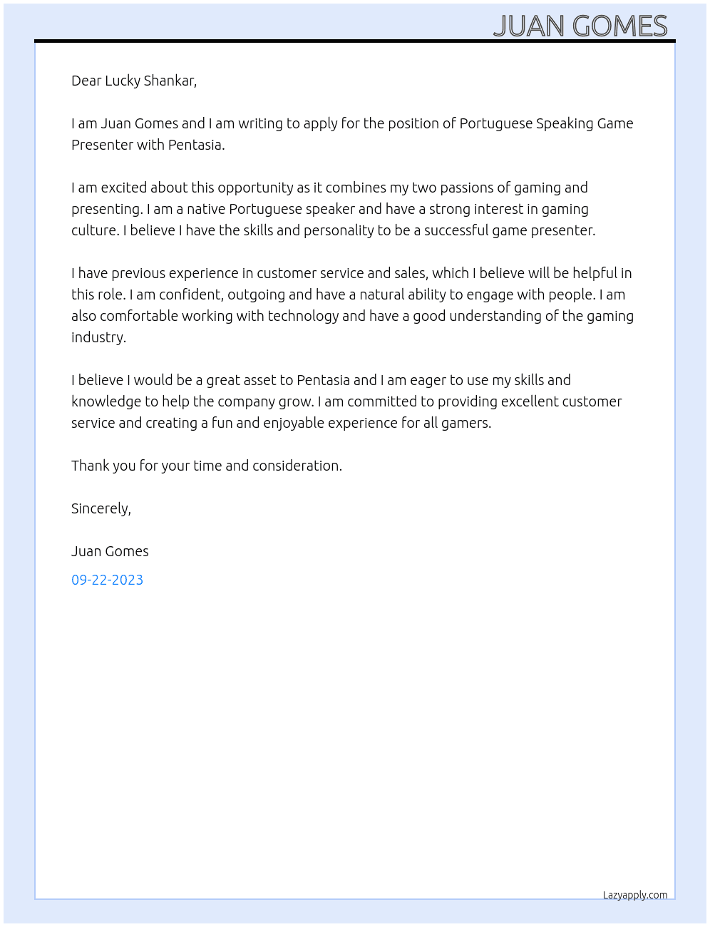 Portuguese Speaking Game Presenter At Pentasia Cover Letter
