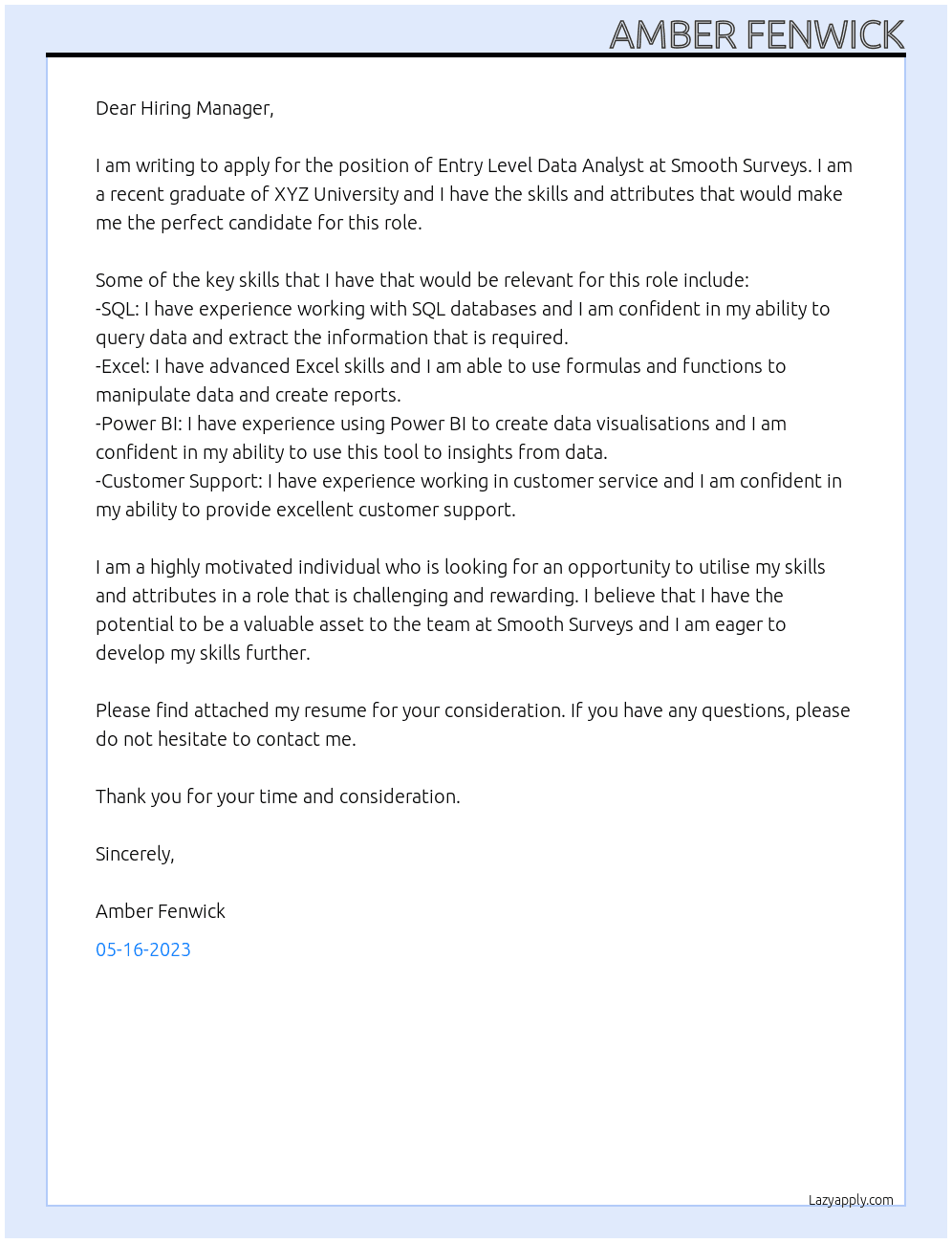 Entry level data analyst At Smooth Surveys Cover Letter