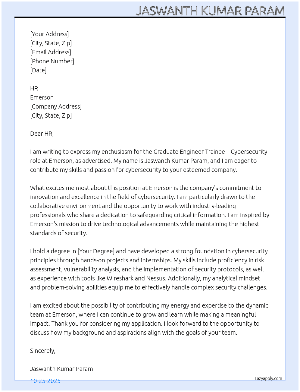 Graduate Engineer Trainee – Cybersecurity Role At Emerson Cover Letter