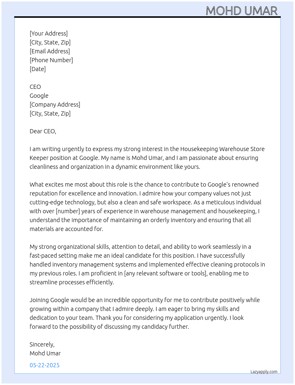 Cover letter for housekeeping warehouse store keeper - LazyApply