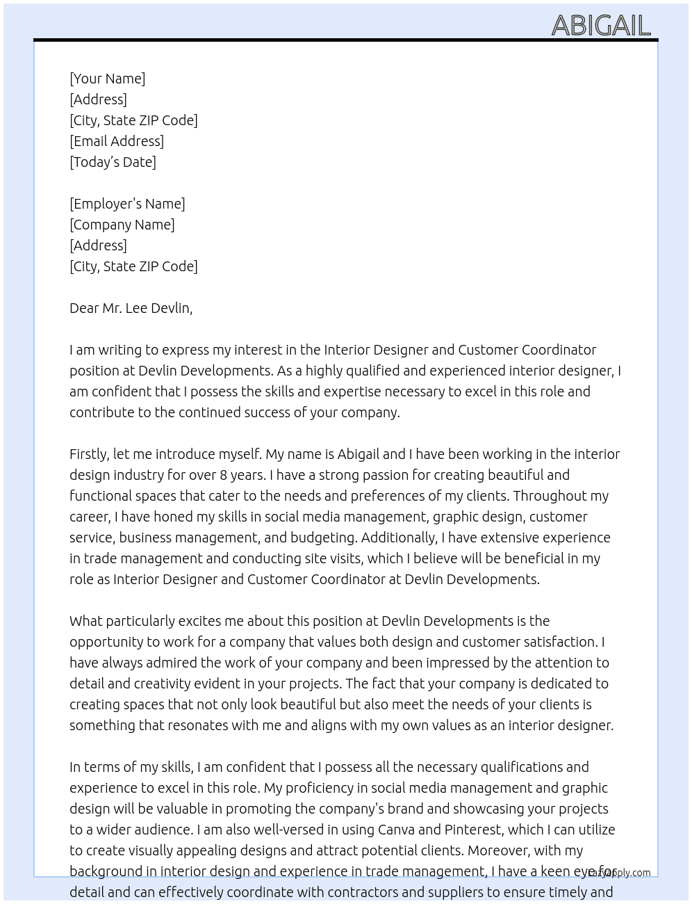 Interior Designer & Customer Coordinator  At Devlin Developments Cover Letter
