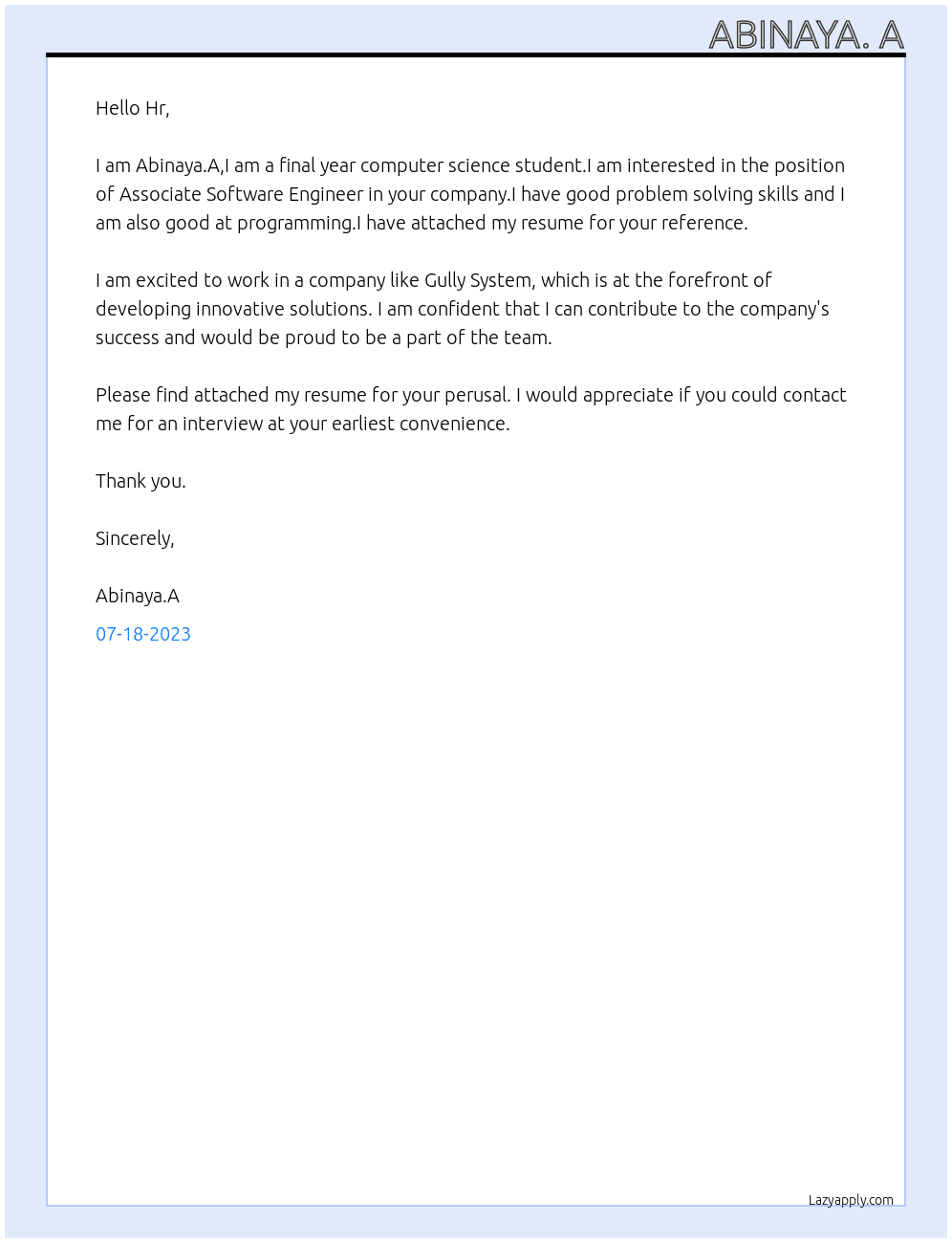 Associate Software Engineer  At Gully System Cover Letter
