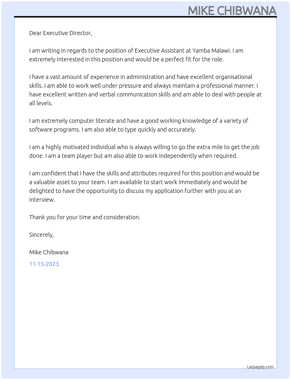 EXECUTIVE ASSISTANT At Yamba Malawi Cover Letter