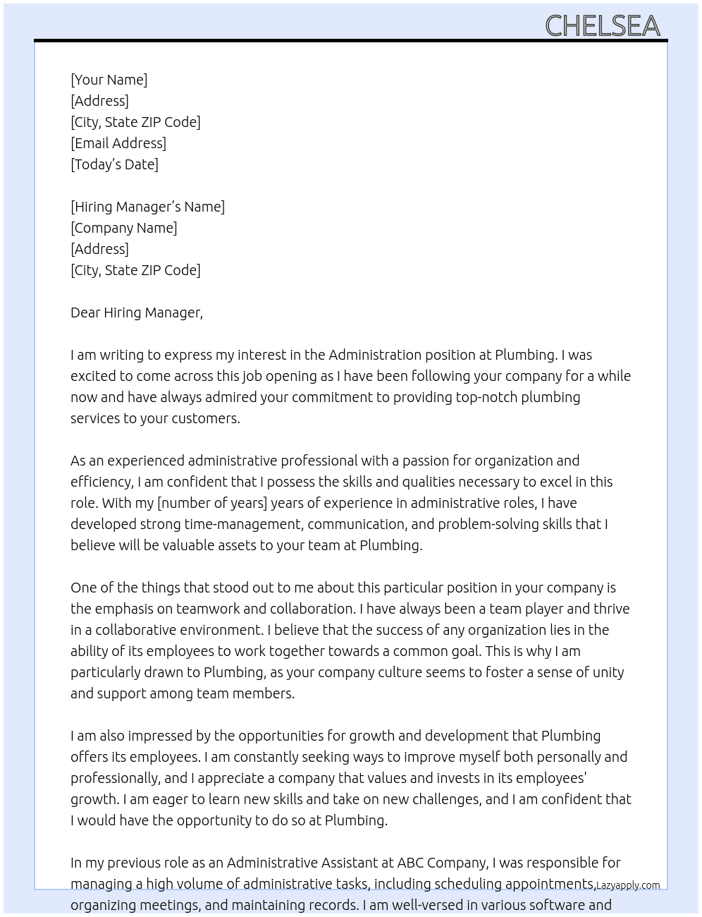 Administration  At Plumbing  Cover Letter