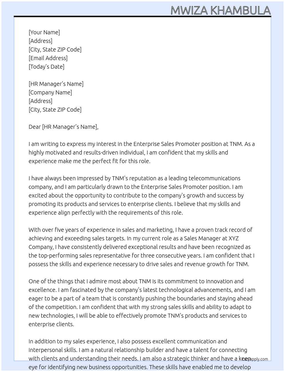 Enterprise sales promoter At TNM Cover Letter