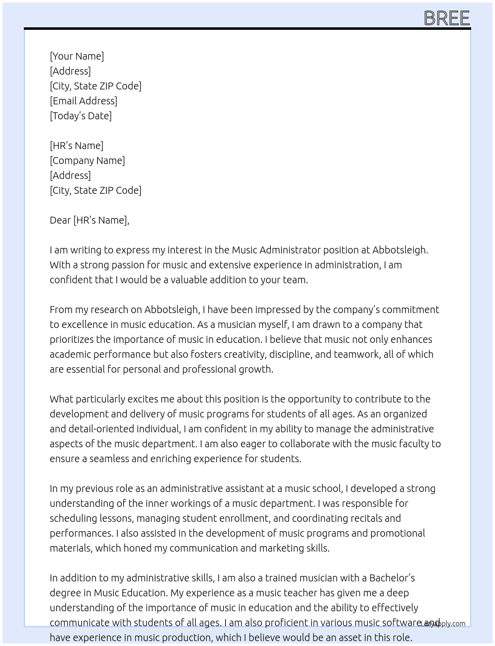 Music administrator   At abbotsleigh  Cover Letter