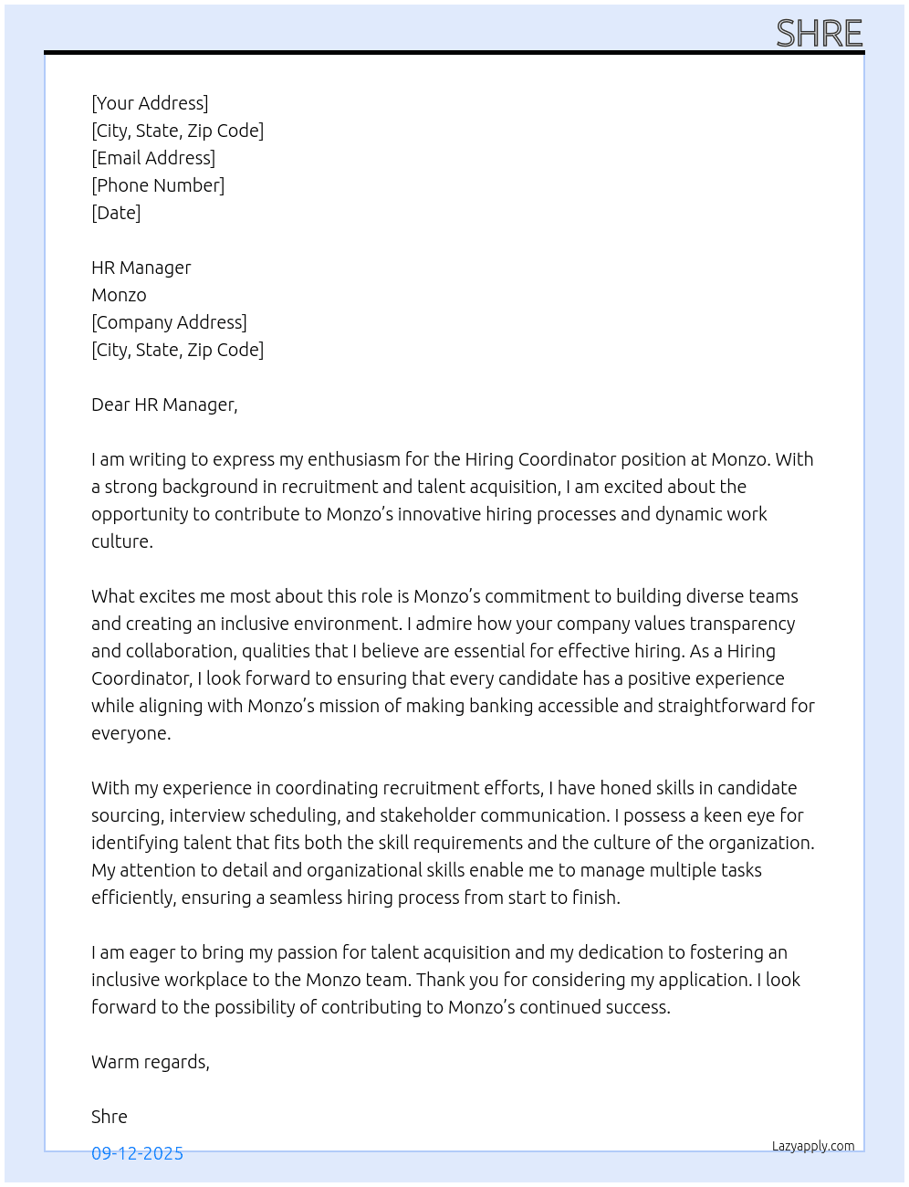 Hiring Coordinator At Monzo Cover Letter