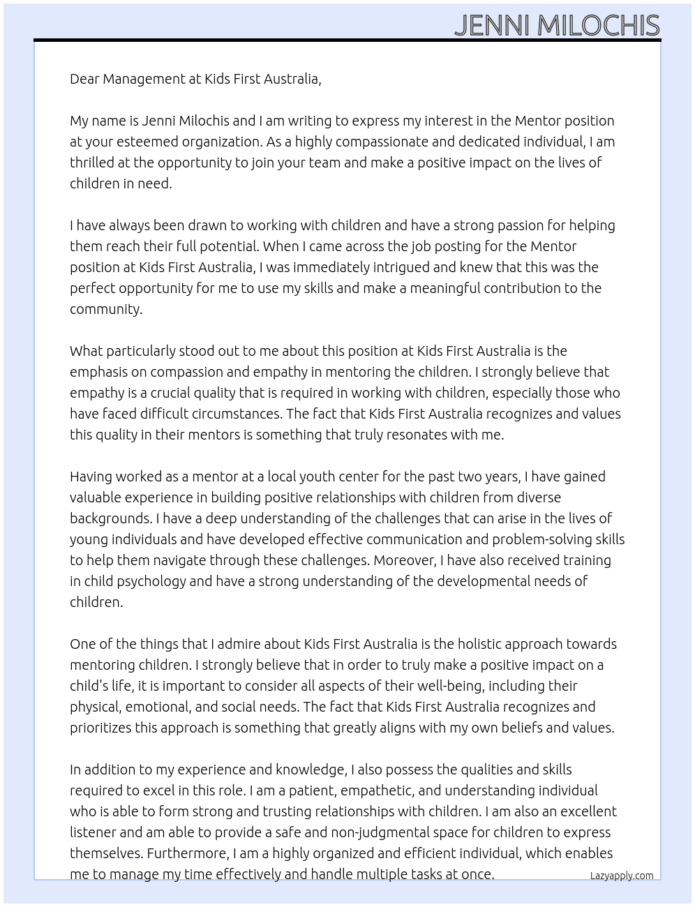 mentor At Kids First Australia Cover Letter