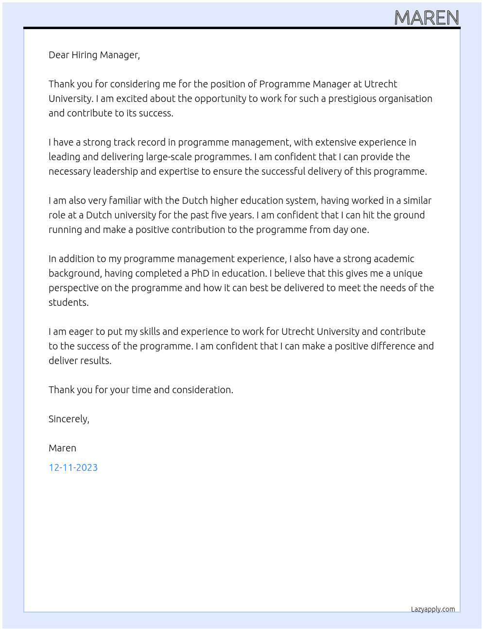 Programme Manager At Utrecht University  Cover Letter