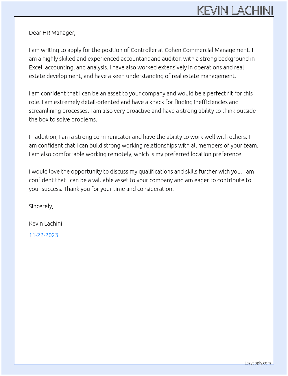 Controller At Cohen Commercial Management Cover Letter