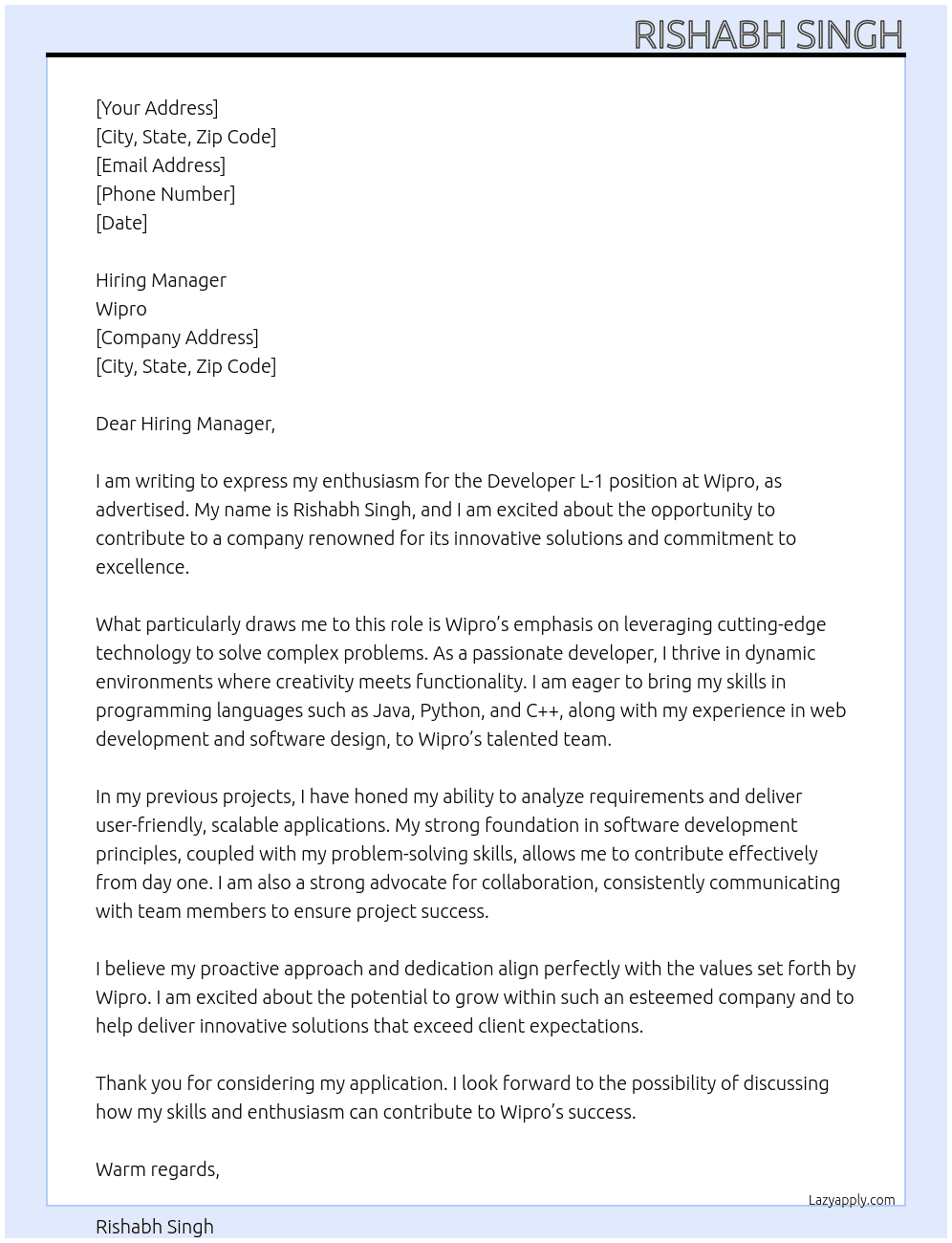 Cover letter for developer l-1 - LazyApply