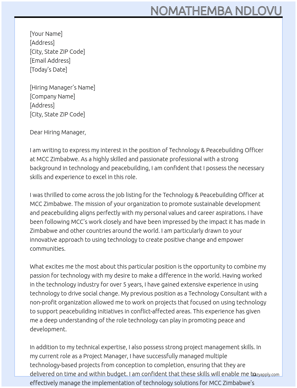 MCC Zimbabwe - Technology & Peacebuilding Officer At MCC Cover Letter