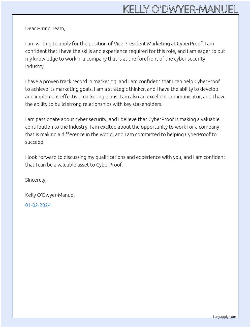 Vice President Marketing At CyberProof Cover Letter