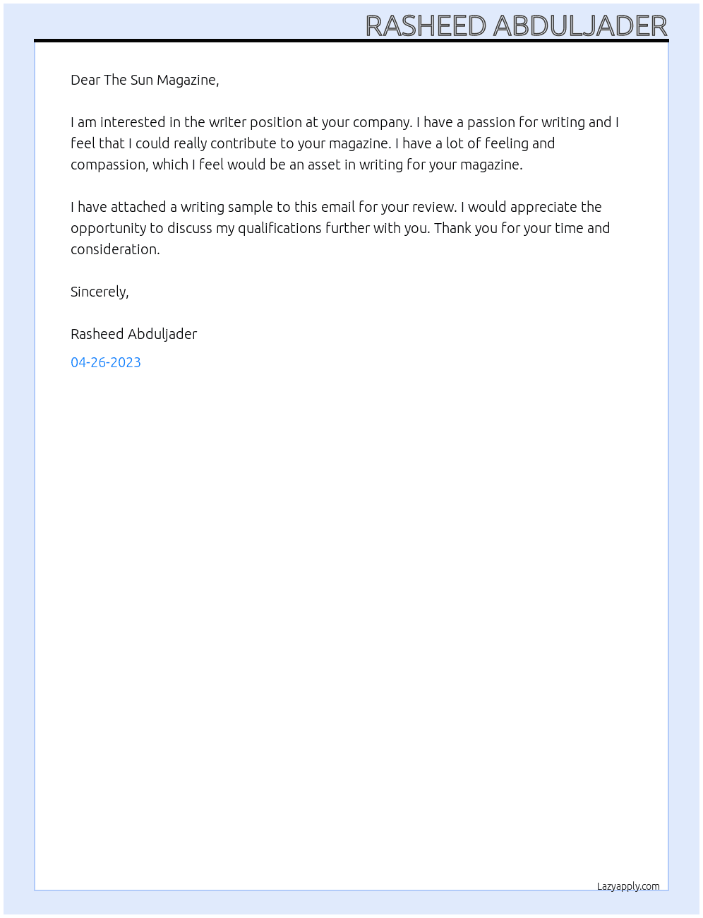 writer At The Sun Magazine Cover Letter