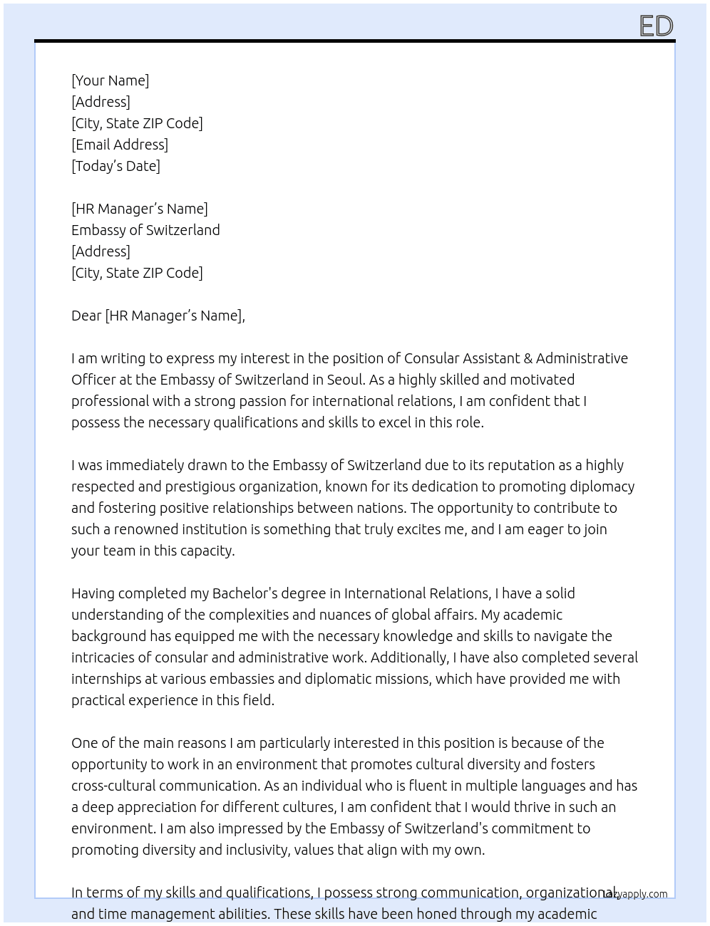 Consular Assistant & Administrative Officer  At Embassy of Switzerland Cover Letter