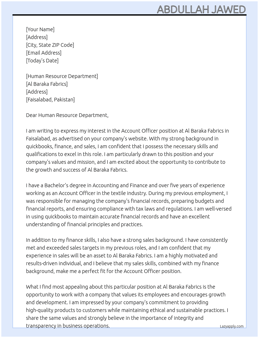 Account Officer At Al Baraka Fabrics Cover Letter
