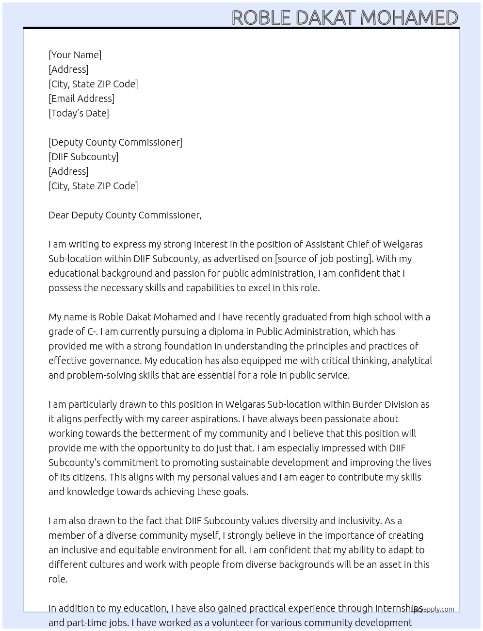ASSISTANT CHIEF WELGARAS SUB-LOCATION At DEPUTY COUNTY COMMISSIONER, DIIF SUBCOUNTY Cover Letter