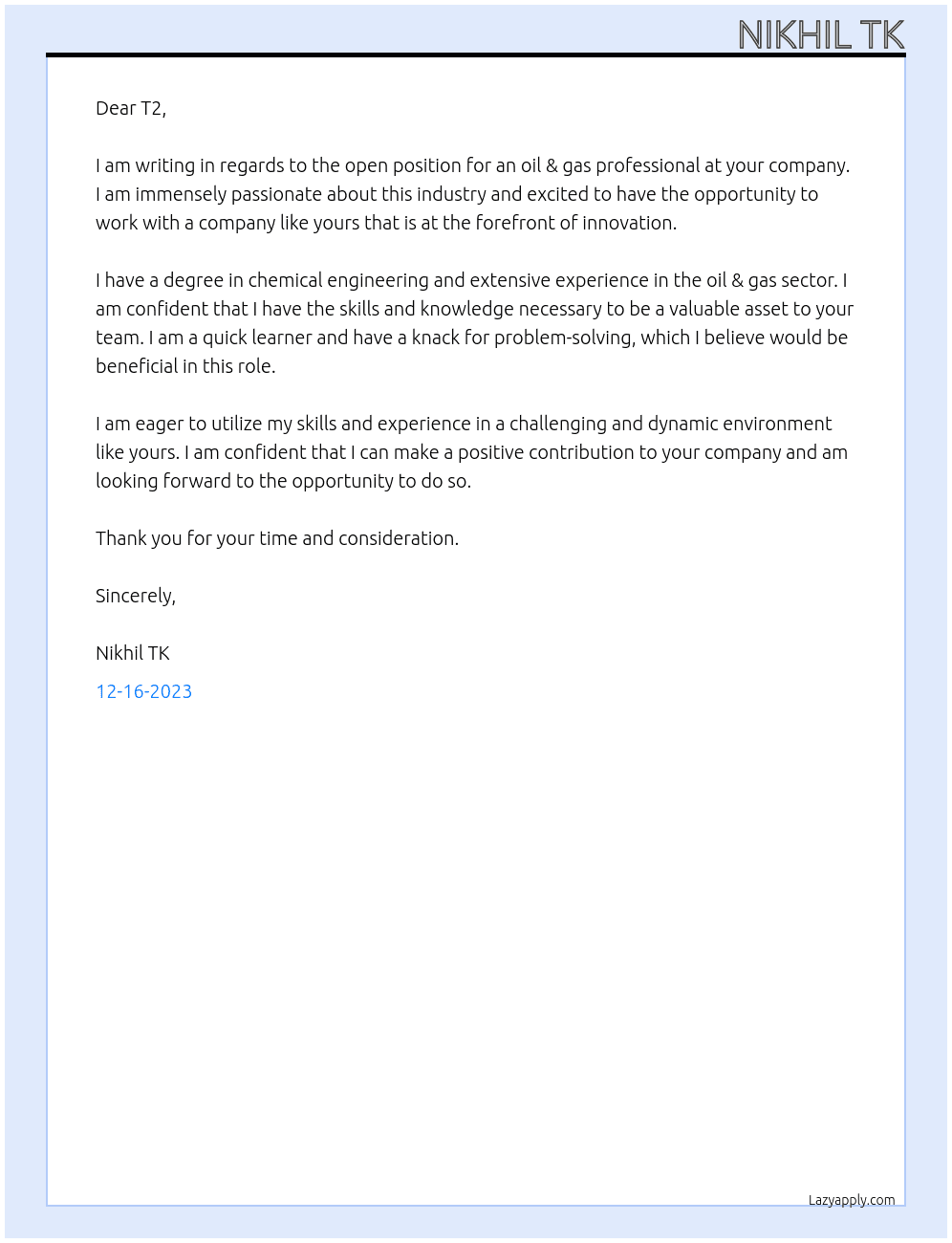 oil & Gas At Oil and Gas  Qatar Cover Letter