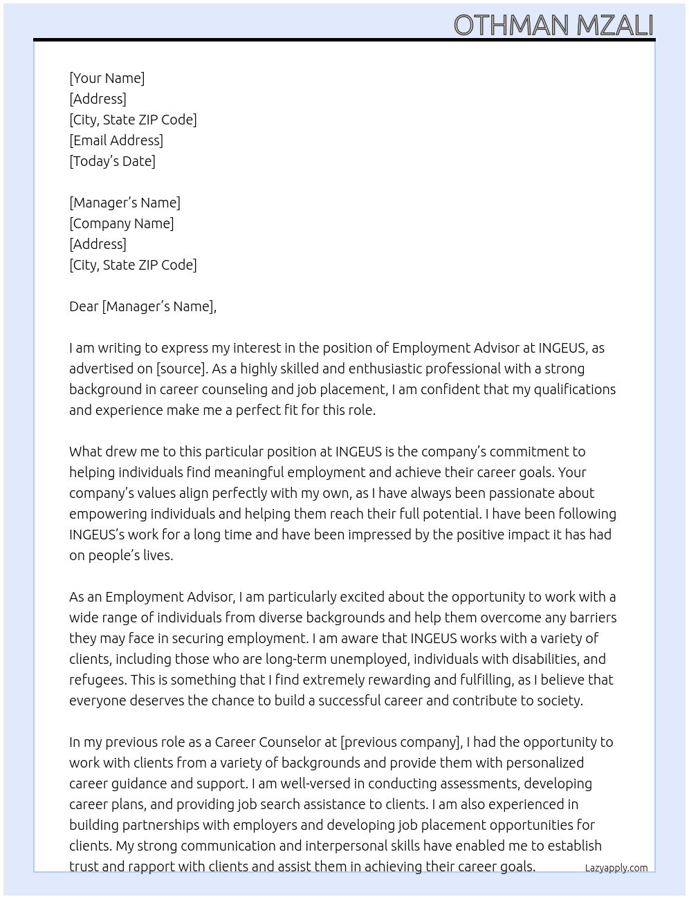 Employment Advisor  At INGEUS Cover Letter