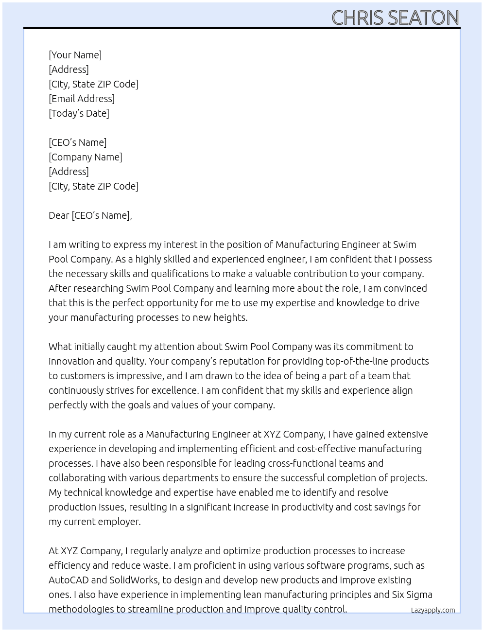 manufacturing engineer At Swim pool company Cover Letter