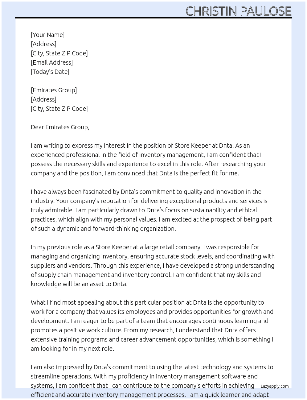 Store keeper At Dnta,  Cover Letter