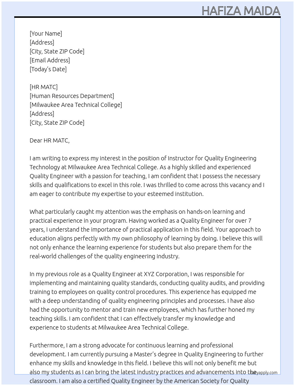 Instructor, Quality Engineering Technology At Milwaukee Area Technical College Cover Letter