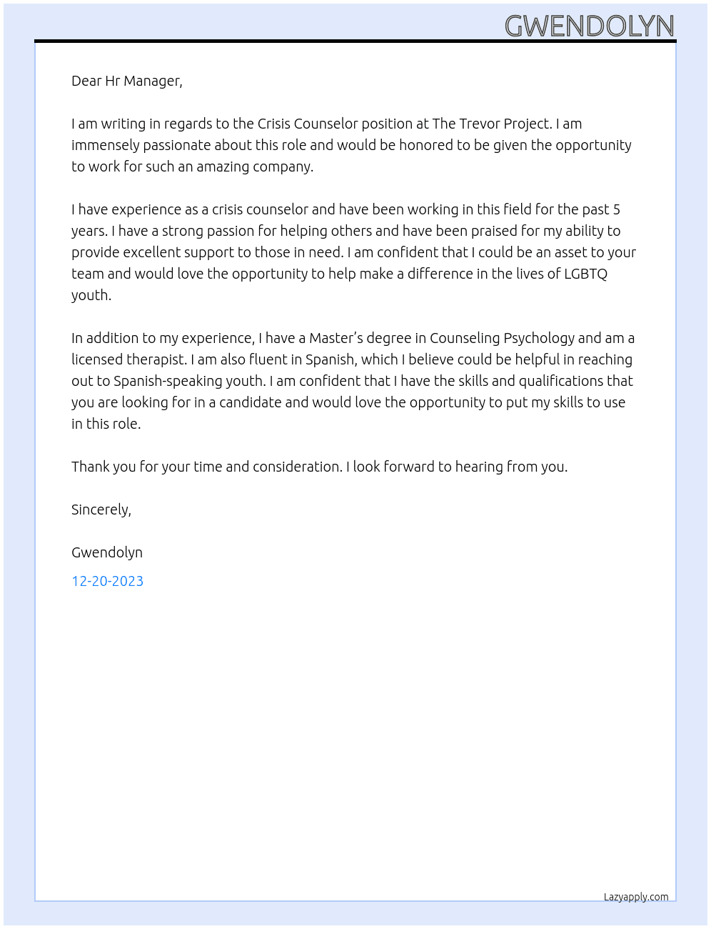 Crisis counselor  At The Trever Project  Cover Letter