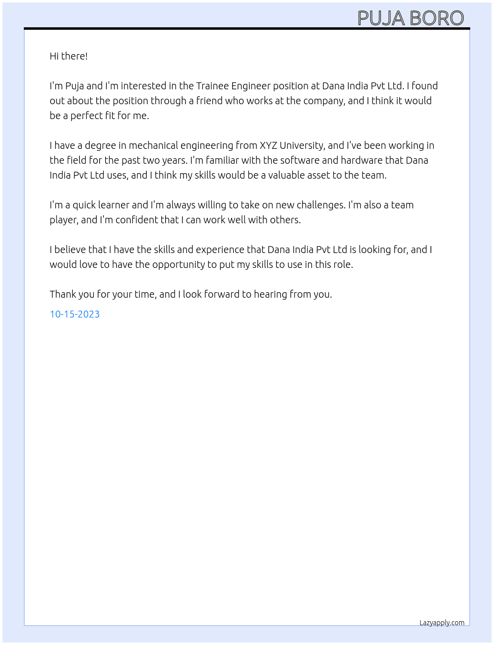 Trainee engineer  At Dana India Pvt Ltd  Cover Letter