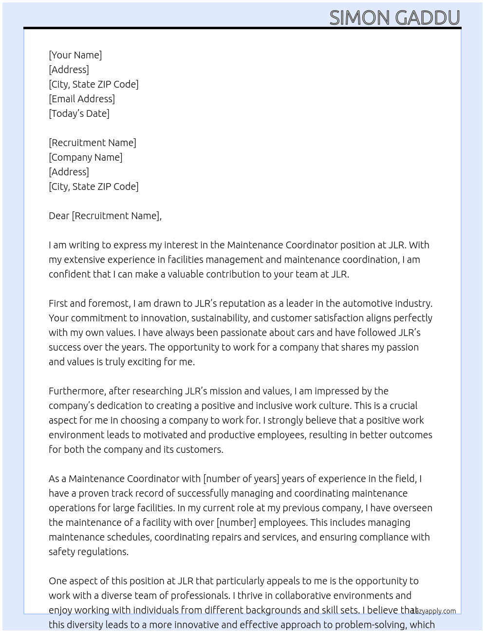 Maintenance coordinator At JLR Cover Letter