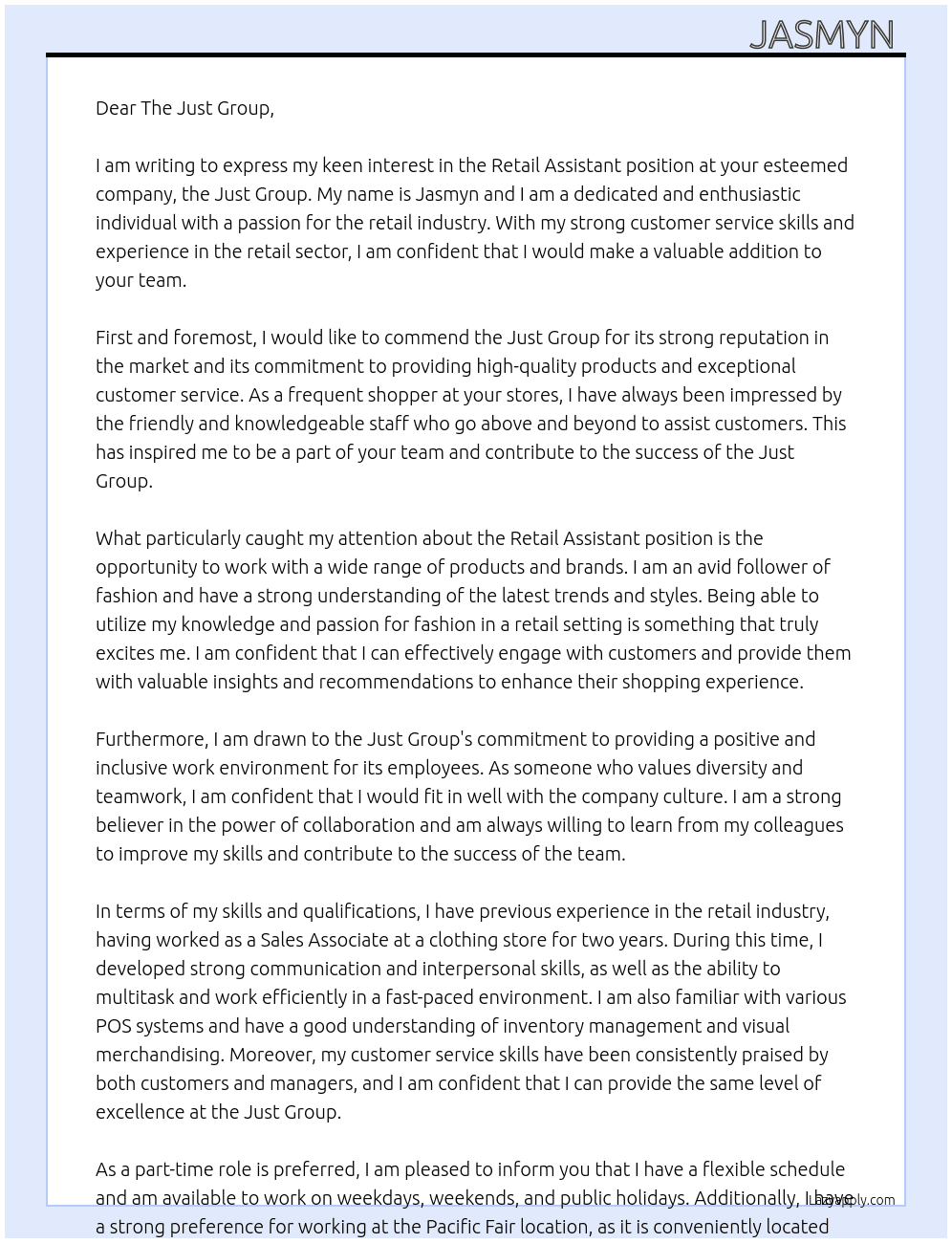 Retail assistant  At Just group  Cover Letter