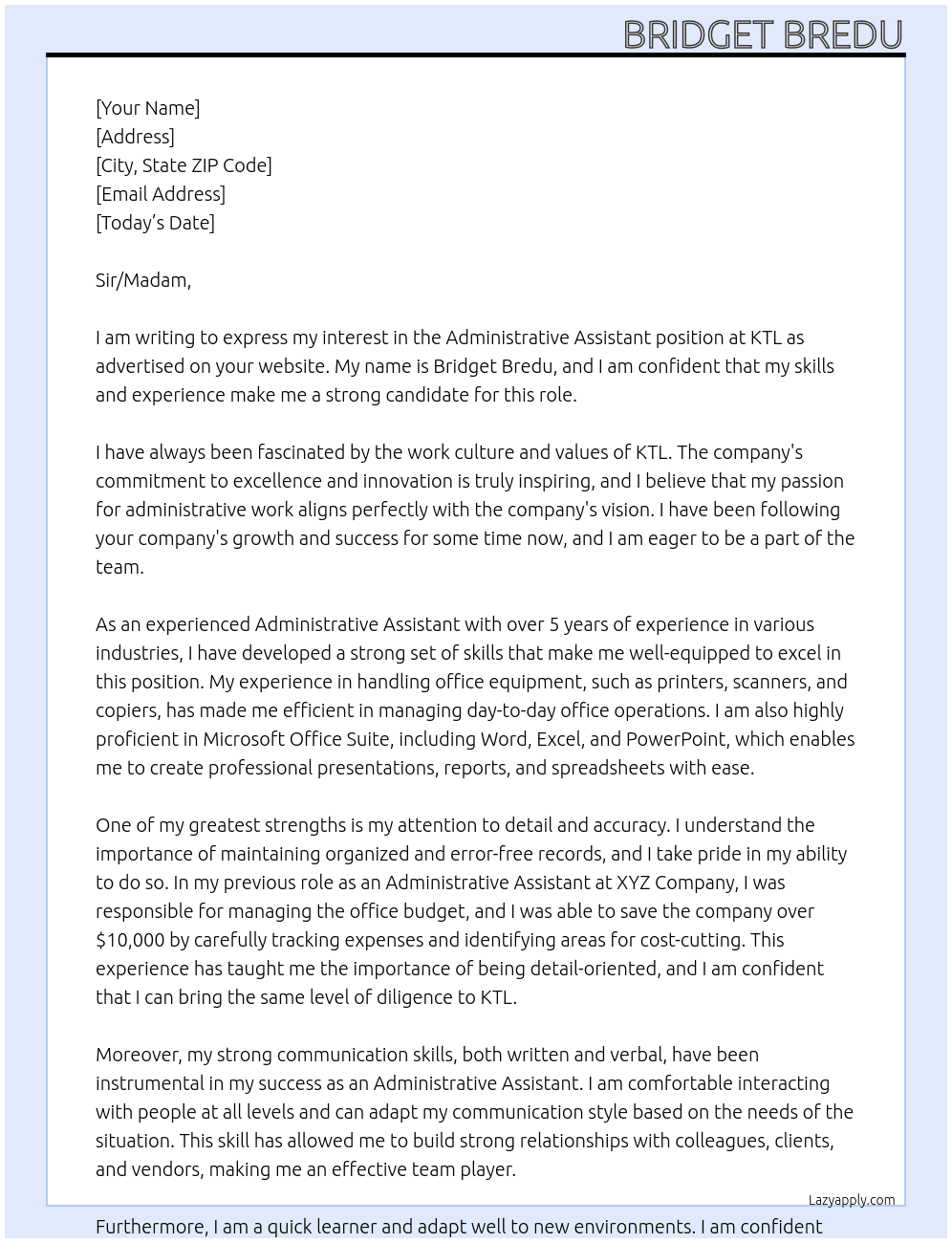 Administrative Assistant At KTL Cover Letter