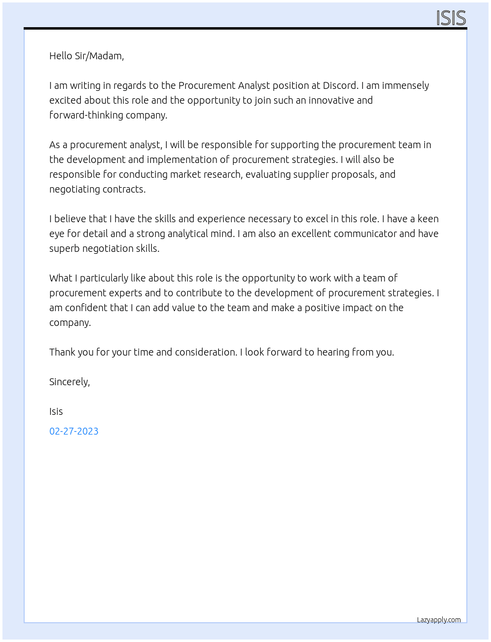 Procurement Analyst At Discord Cover Letter