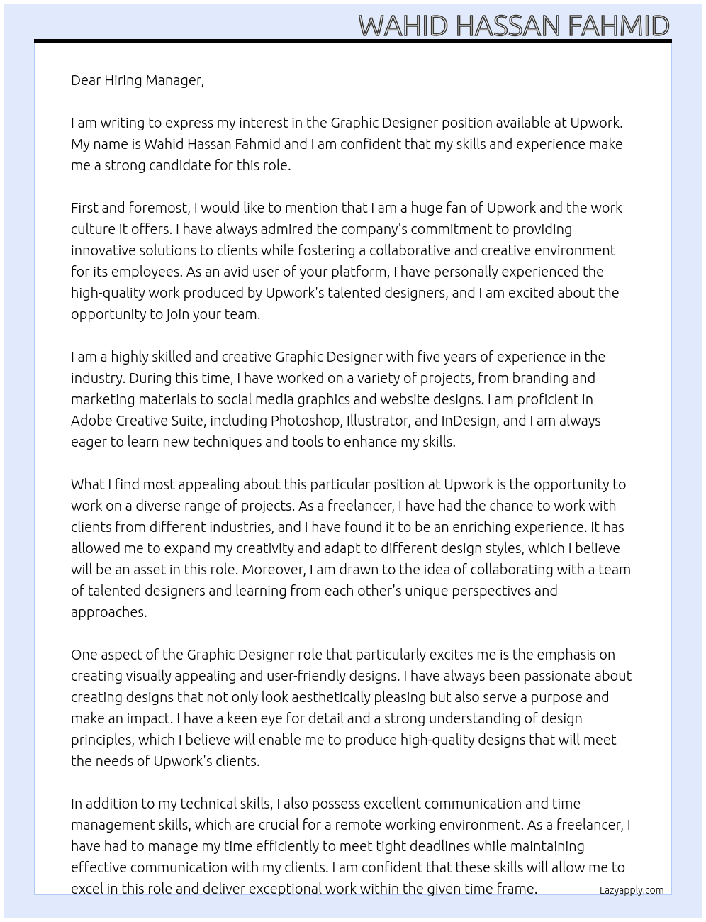 Graphi designer At upwork Cover Letter