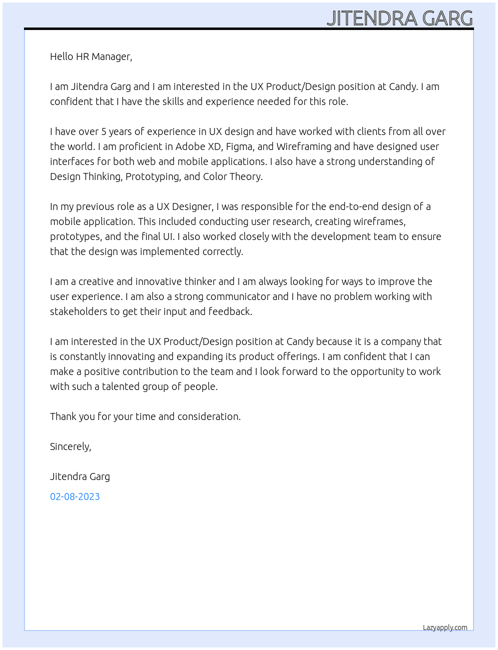 UX Product/Design At Candy Cover Letter