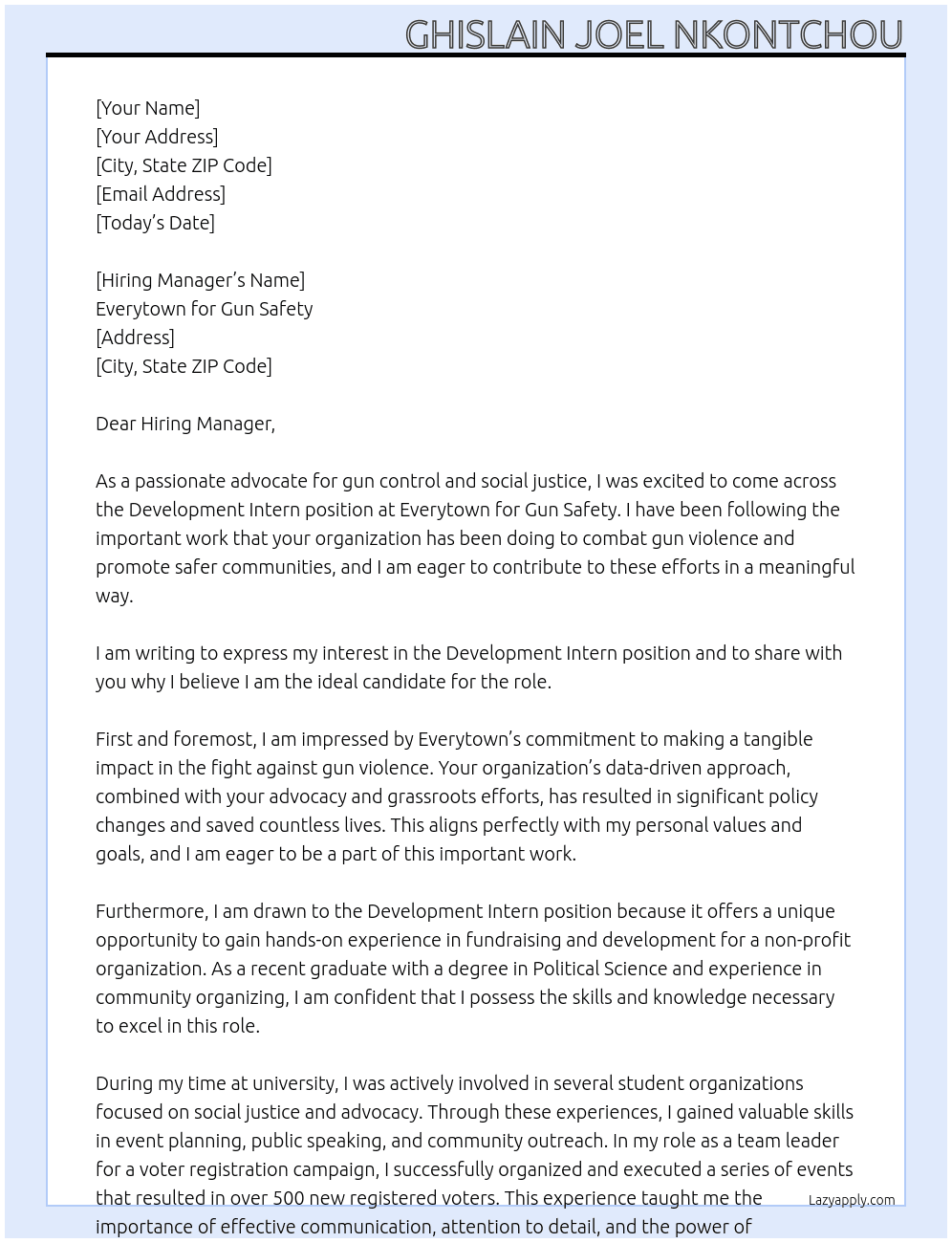 Development Intern At Everytown for Gun Safety Cover Letter