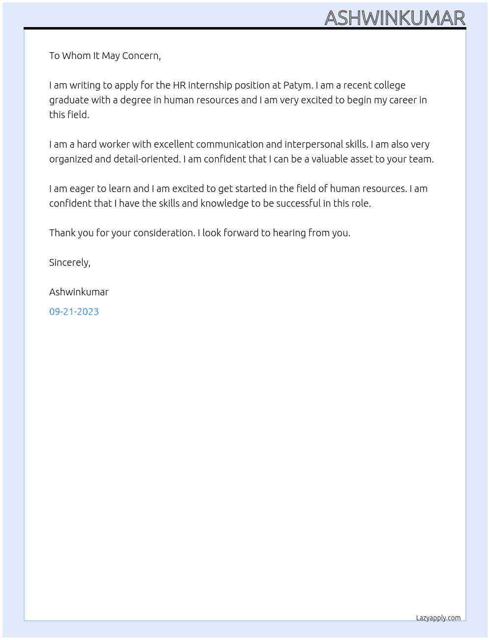 Hr internship At Patym Cover Letter