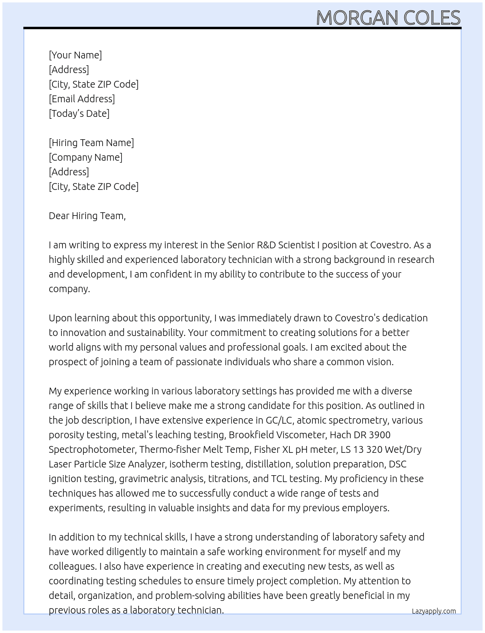 Senior R&D Scientist 1 At Covestro Cover Letter