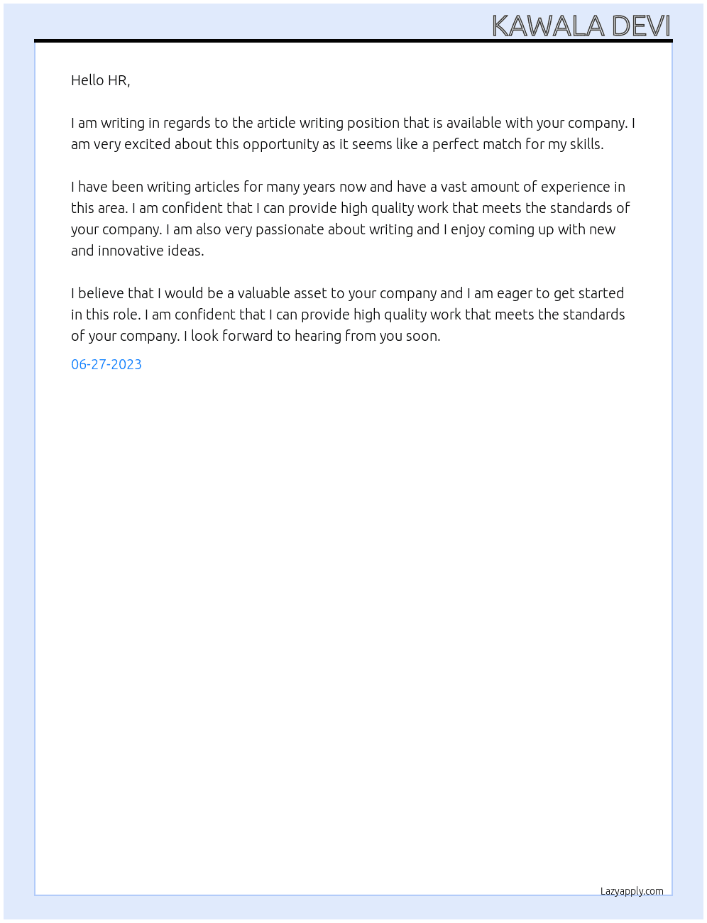 article writing At UK based company Cover Letter