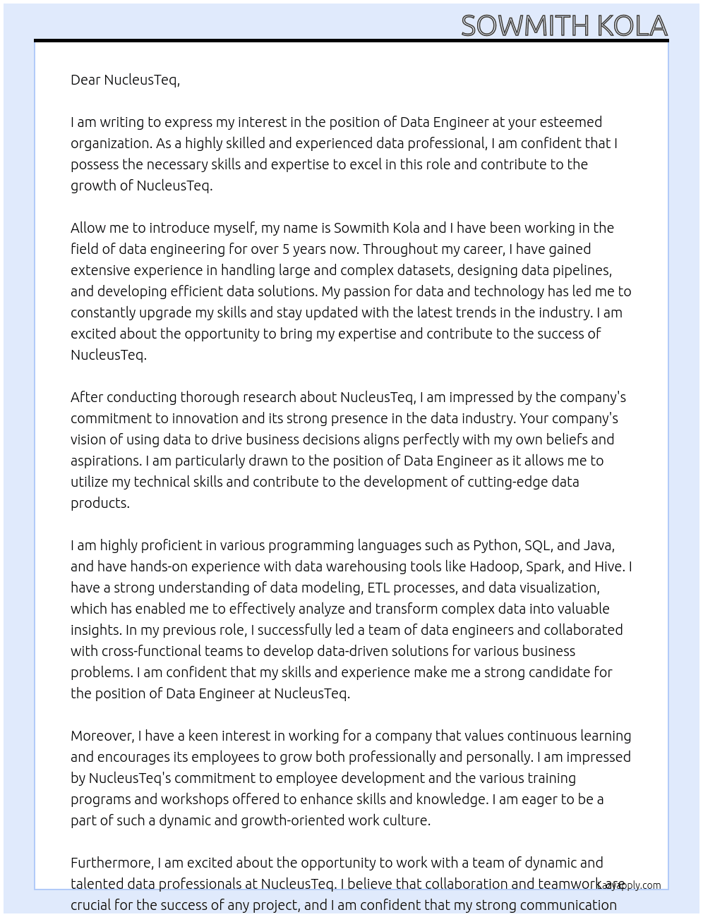 Data Engineer At NucleusTeq Cover Letter