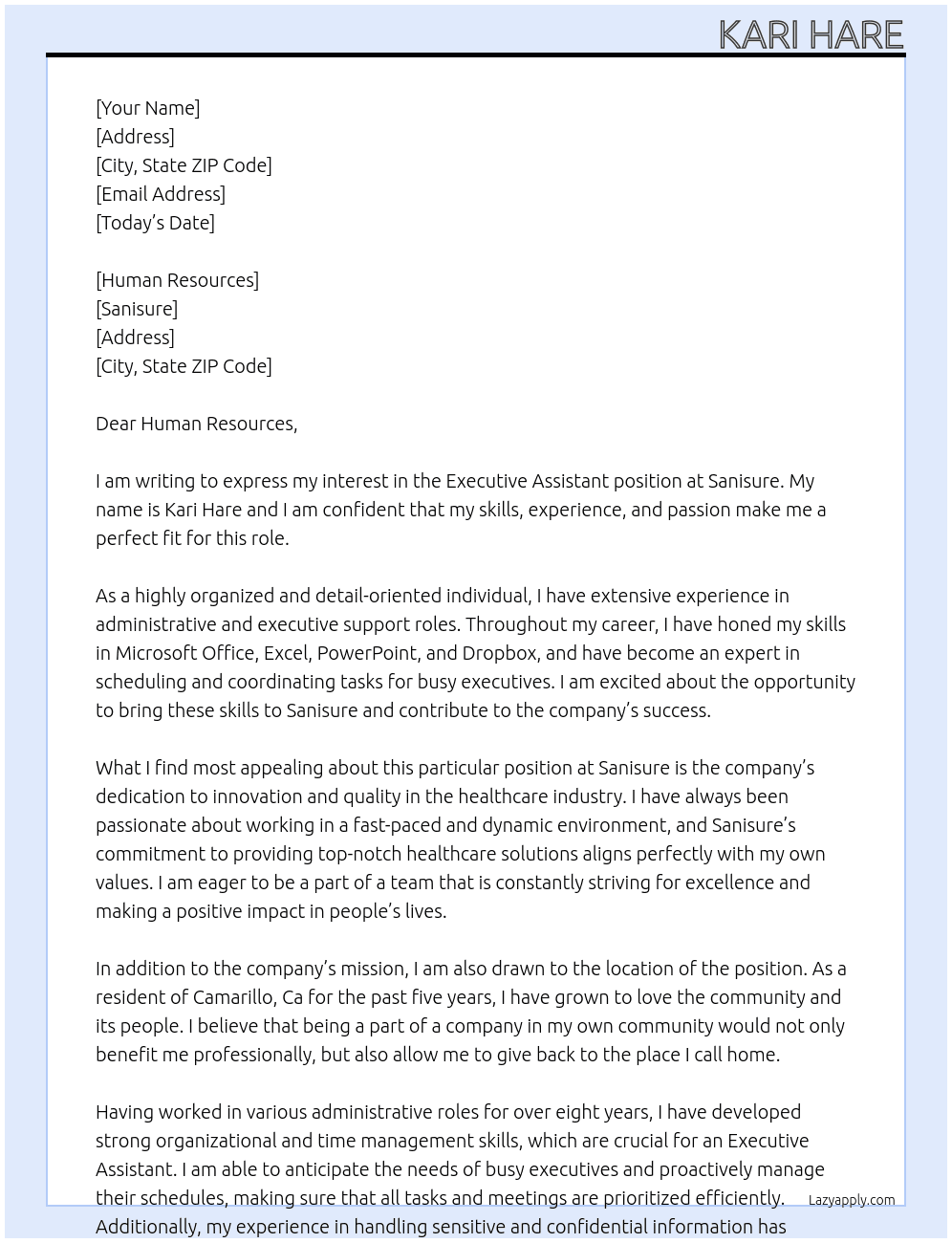 executive assistant At Sanisure Cover Letter