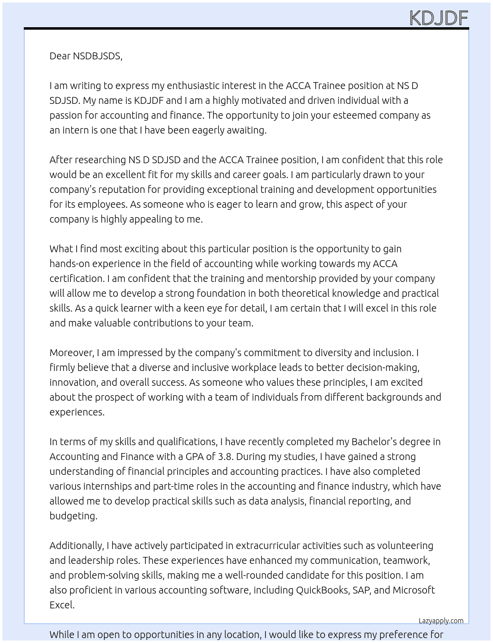 ACCA Trainee At ns d sdjsd Cover Letter