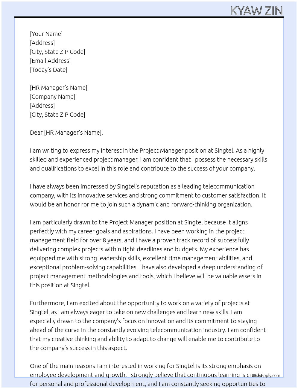 Project manager At Singtel Cover Letter