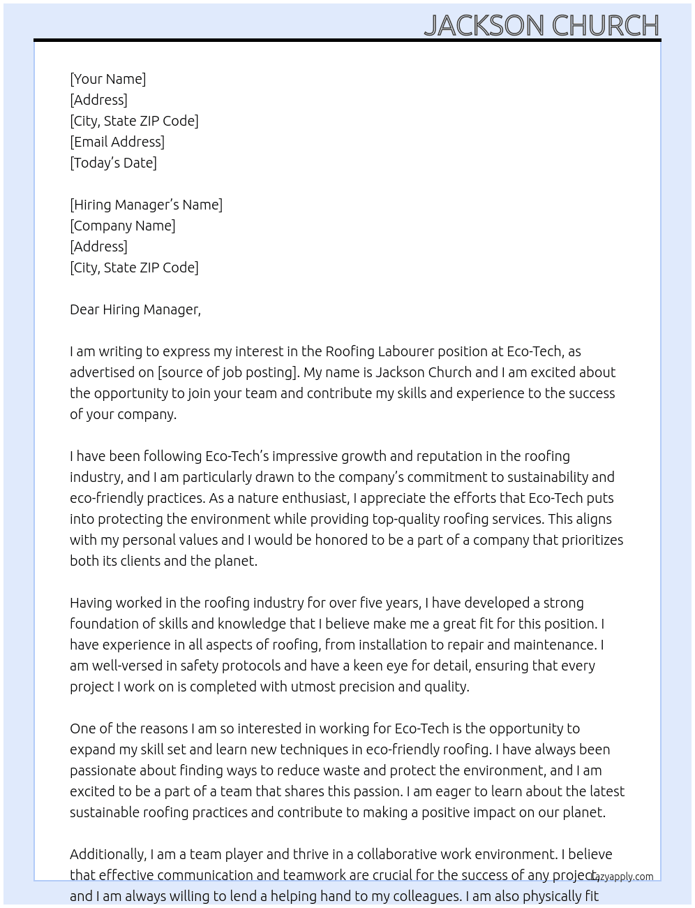 Roofing Labourer At Eco-Tech Cover Letter