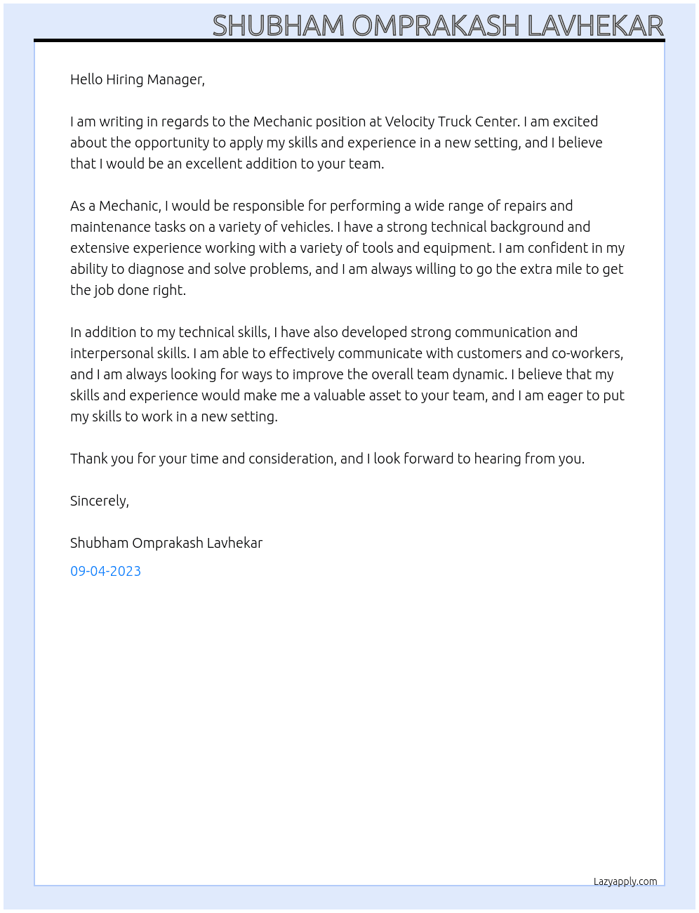  Mechanic  At Velocity Truck center  Cover Letter