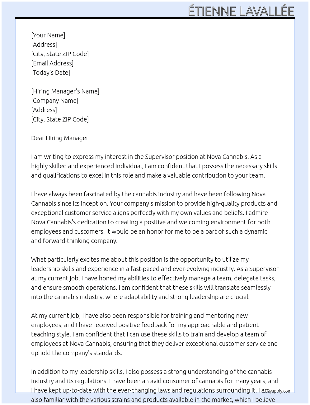 Supervisor At Nova Cannabis Cover Letter